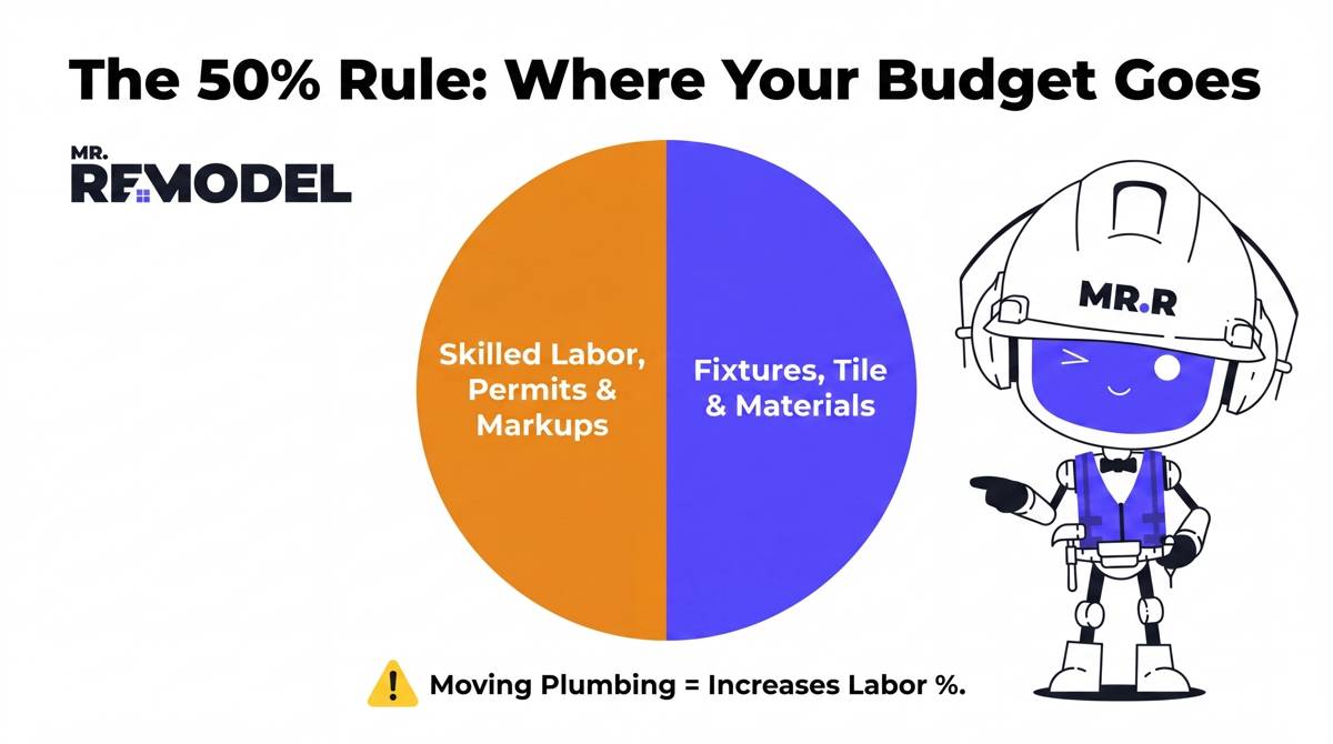A budget allocation infographic showing that labor and contractor fees typically account for 50% of a 2026 bathroom remodeling budget.